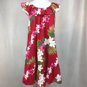 Vintage Midi Hawaiian‎ Floral Dress Womens (L) USA Tropical Resort Red Ruffle